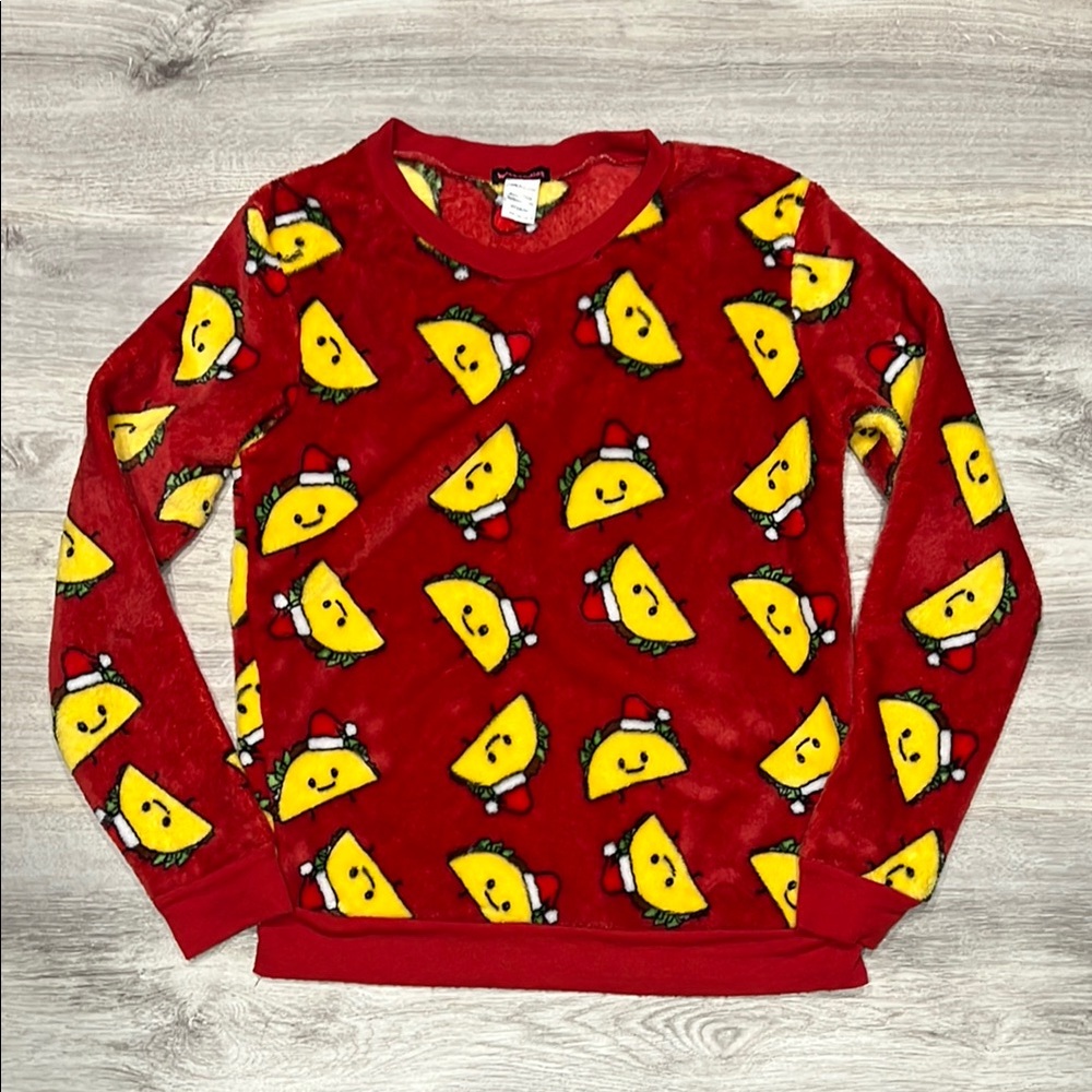 Junior's Red Christmas Taco Print Crewneck Fleece Shirt
